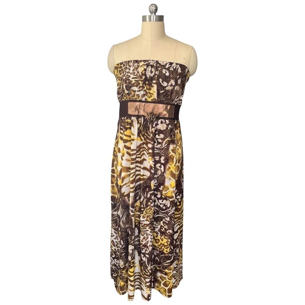 Y2K Goddess Brown Animal Print Strapless Maxi Dress Plus Size 18 Good Chain Belt